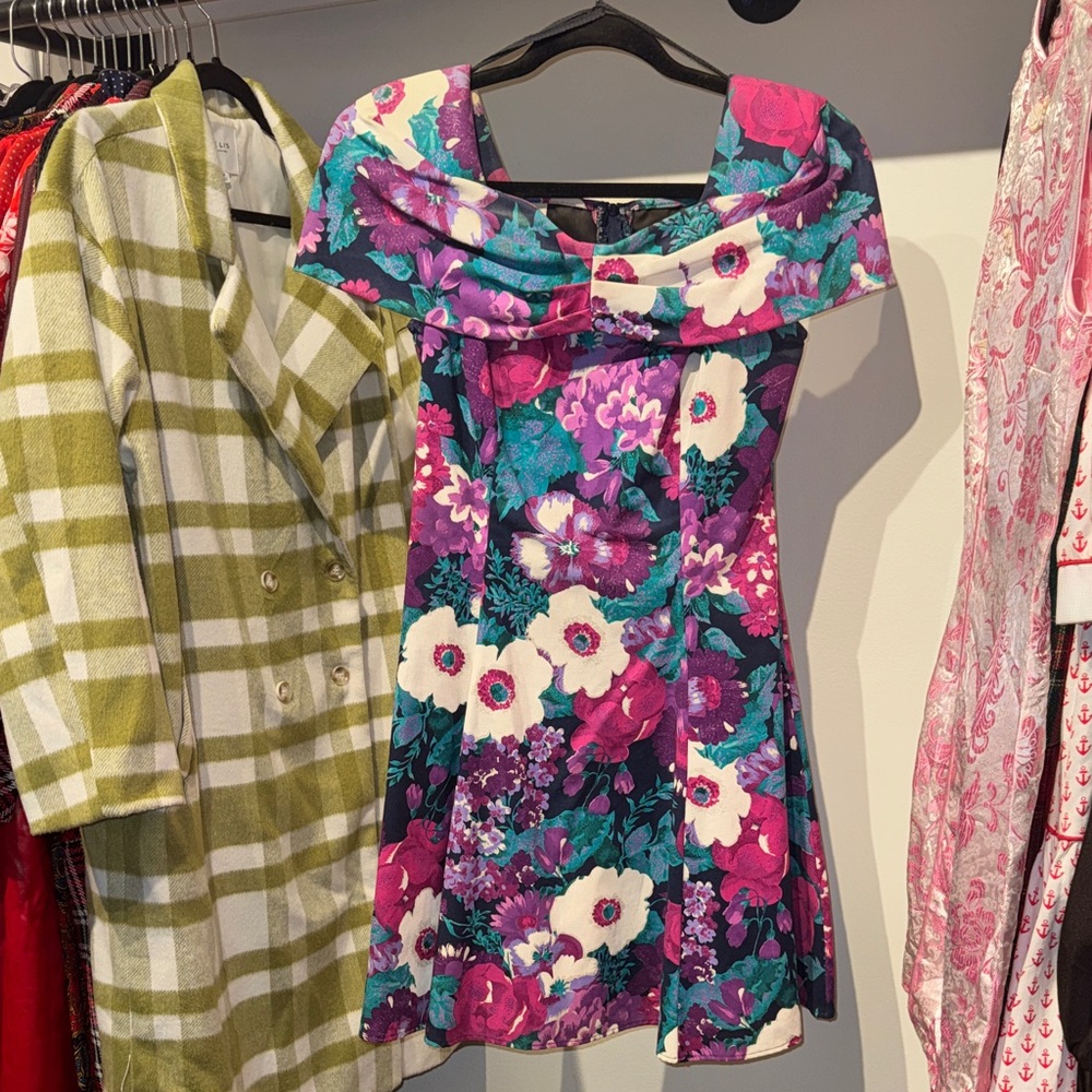 Amazing Vintage Byer Too! Floral Exaggerated Shoulder Fit & Flare Dress